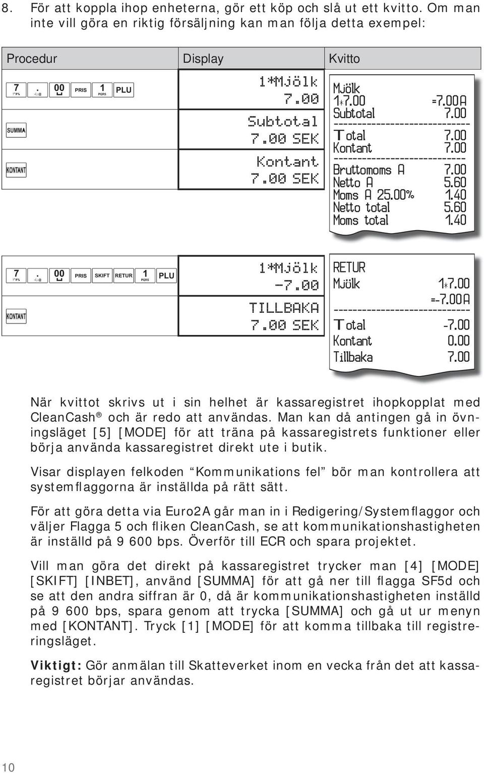 40 Netto total 5.60 Moms total 1.40 1*Mjolk -7.00 TILLBAKA 7.00 SEK RETUR Mjolk 1*7.00 =-7.00 A ----------------------------- Total -7.00 Kontant 0.00 Tillbaka 7.