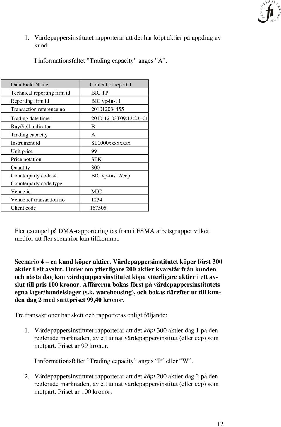 indicator B Trading capacity A Instrument id SE0000xxxxxxxx Unit price 99 Price notation SEK Quantity 300 Counterparty code & BIC vp-inst 2/ccp Counterparty code type Venue id MIC Venue ref