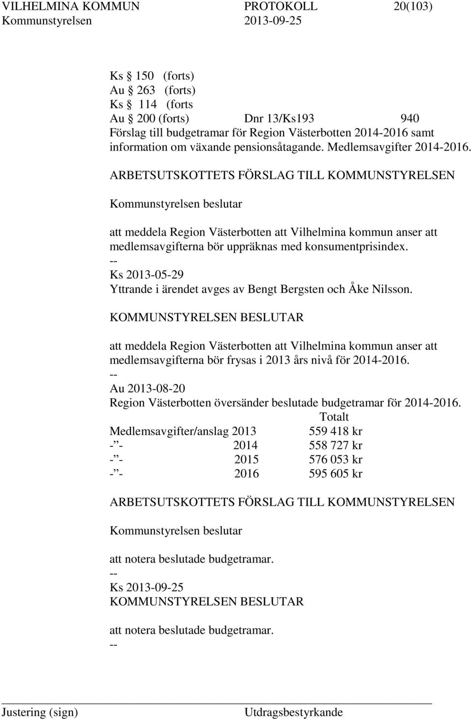 ARBETSUTSKOTTETS FÖRSLAG TILL KOMMUNSTYRELSEN Kommunstyrelsen beslutar att meddela Region Västerbotten att Vilhelmina kommun anser att medlemsavgifterna bör uppräknas med konsumentprisindex.
