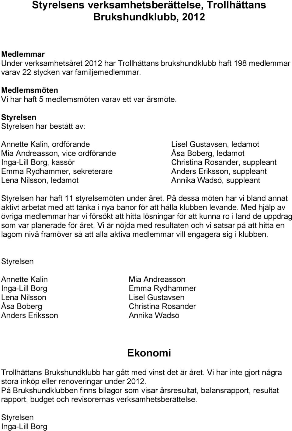 har bestått av: Annette Kalin, ordförande Mia Andreasson, vice ordförande Inga-Lill Borg, kassör Emma Rydhammer, sekreterare Lena Nilsson, ledamot Lisel Gustavsen, ledamot Åsa Boberg, ledamot