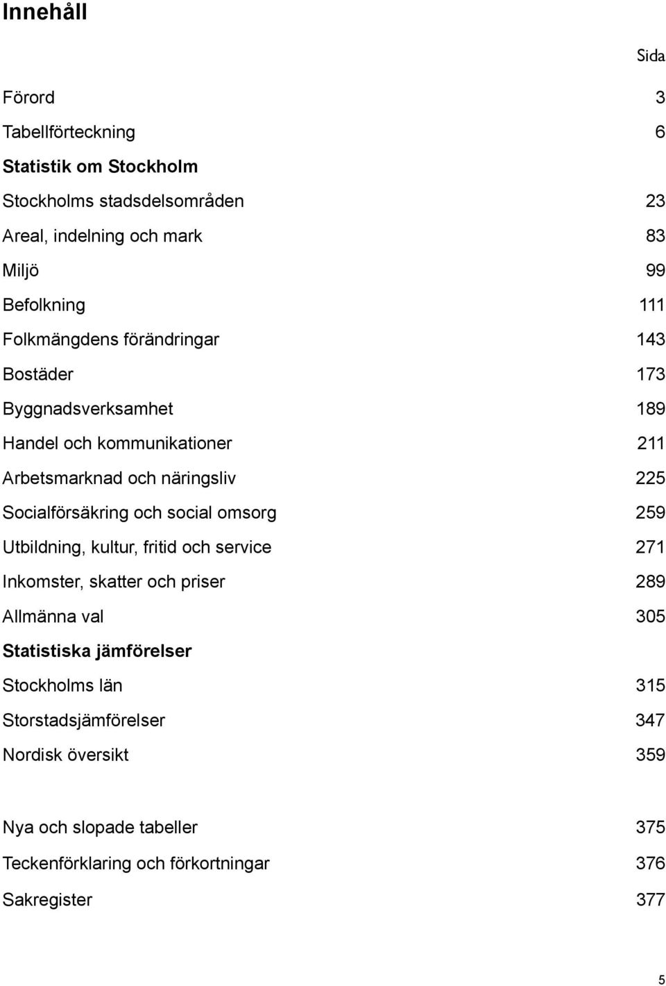 Socialförsäkring och social omsorg 259 Utbildning, kultur, fritid och service 271 Inkomster, skatter och priser 289 Allmänna val 305 Statistiska