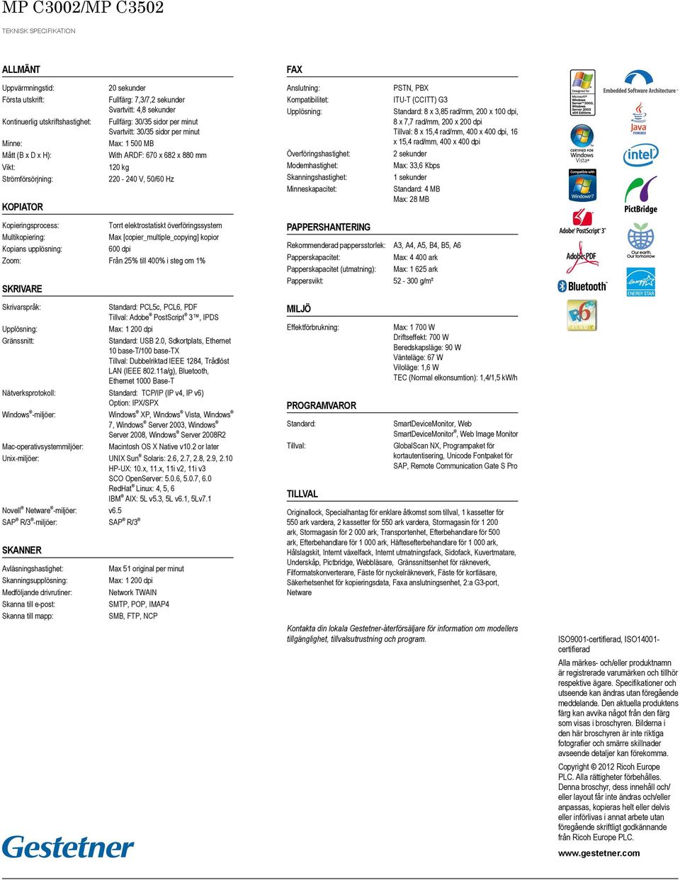 Kompatibilitet: Upplösning: Överföringshastighet: Modemhastighet: Skanningshastighet: Minneskapacitet: PSTN, PBX ITU-T (CCITT) G3 Standard: 8 x 3,85 rad/mm, 200 x 100 dpi, 8 x 7,7 rad/mm, 200 x 200
