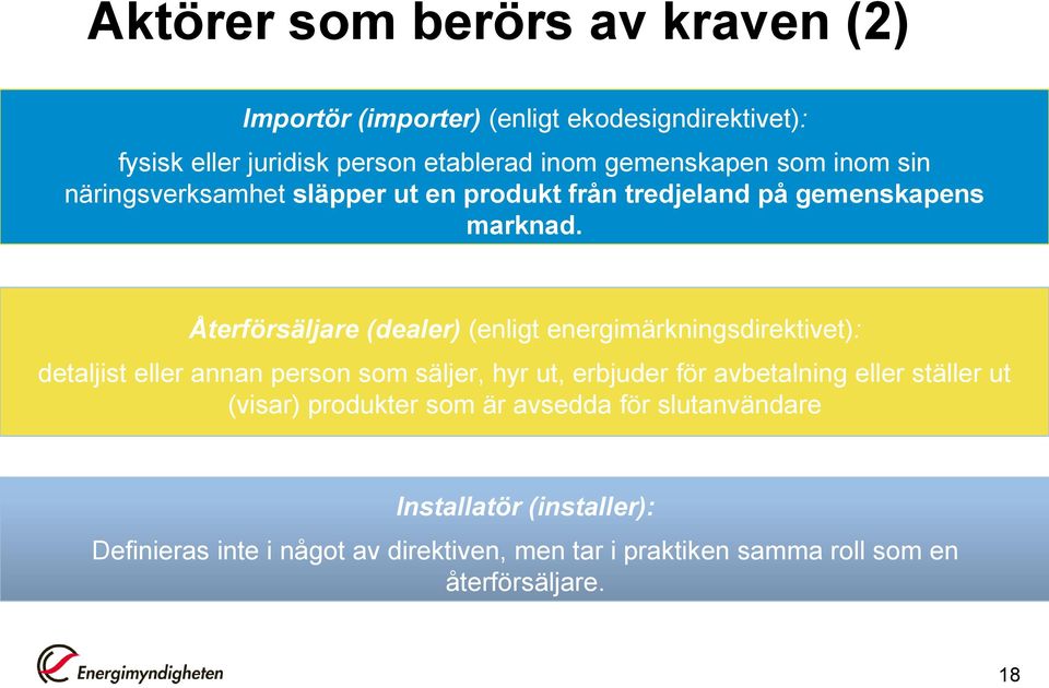 Återförsäljare (dealer) (enligt energimärkningsdirektivet): detaljist eller annan person som säljer, hyr ut, erbjuder för avbetalning