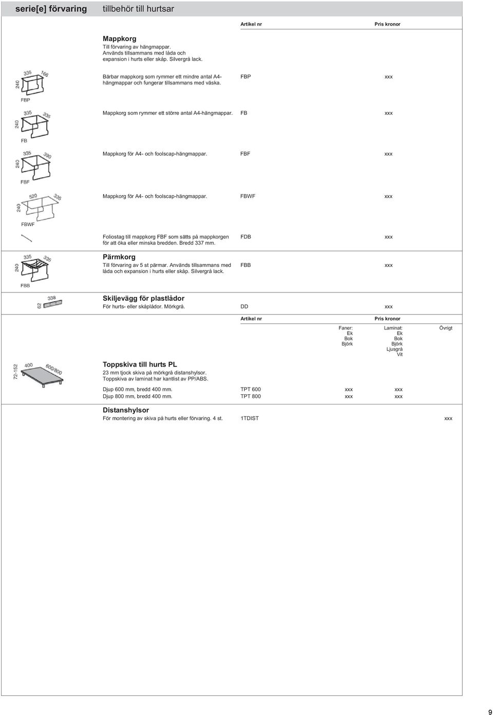 FB xxx Mappkorg för A4- och foolscap-hängmappar. FBF xxx Mappkorg för A4- och foolscap-hängmappar. FBWF xxx Foliostag till mappkorg FBF som sätts på mappkorgen för att öka eller minska bredden.