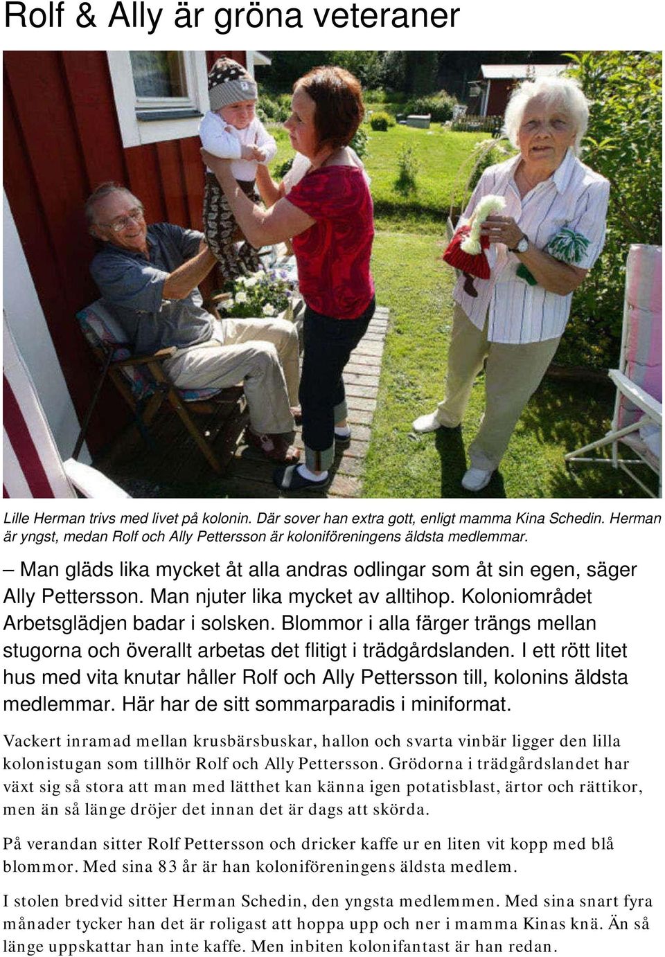 Man njuter lika mycket av alltihop. Koloniområdet Arbetsglädjen badar i solsken. Blommor i alla färger trängs mellan stugorna och överallt arbetas det flitigt i trädgårdslanden.