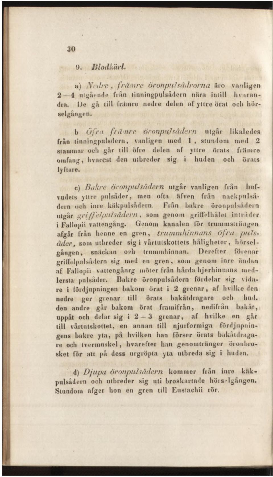 örats ly flare. c) Bakre öronpulsådern utgår vanligen från hufvudets yttre pulsåder, men ofta äfven från nackpulsådern och inre käkpulsådern.