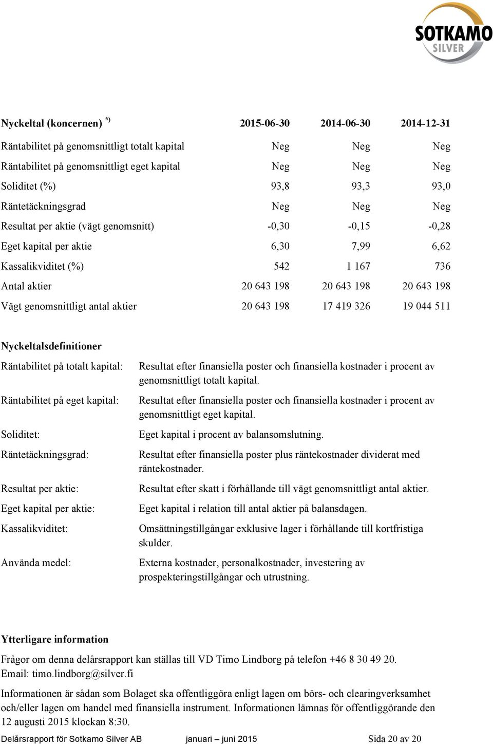 643 198 Vägt genomsnittligt antal aktier 20 643 198 17 419 326 19 044 511 Nyckeltalsdefinitioner Räntabilitet på totalt kapital: Räntabilitet på eget kapital: Soliditet: Räntetäckningsgrad: Resultat