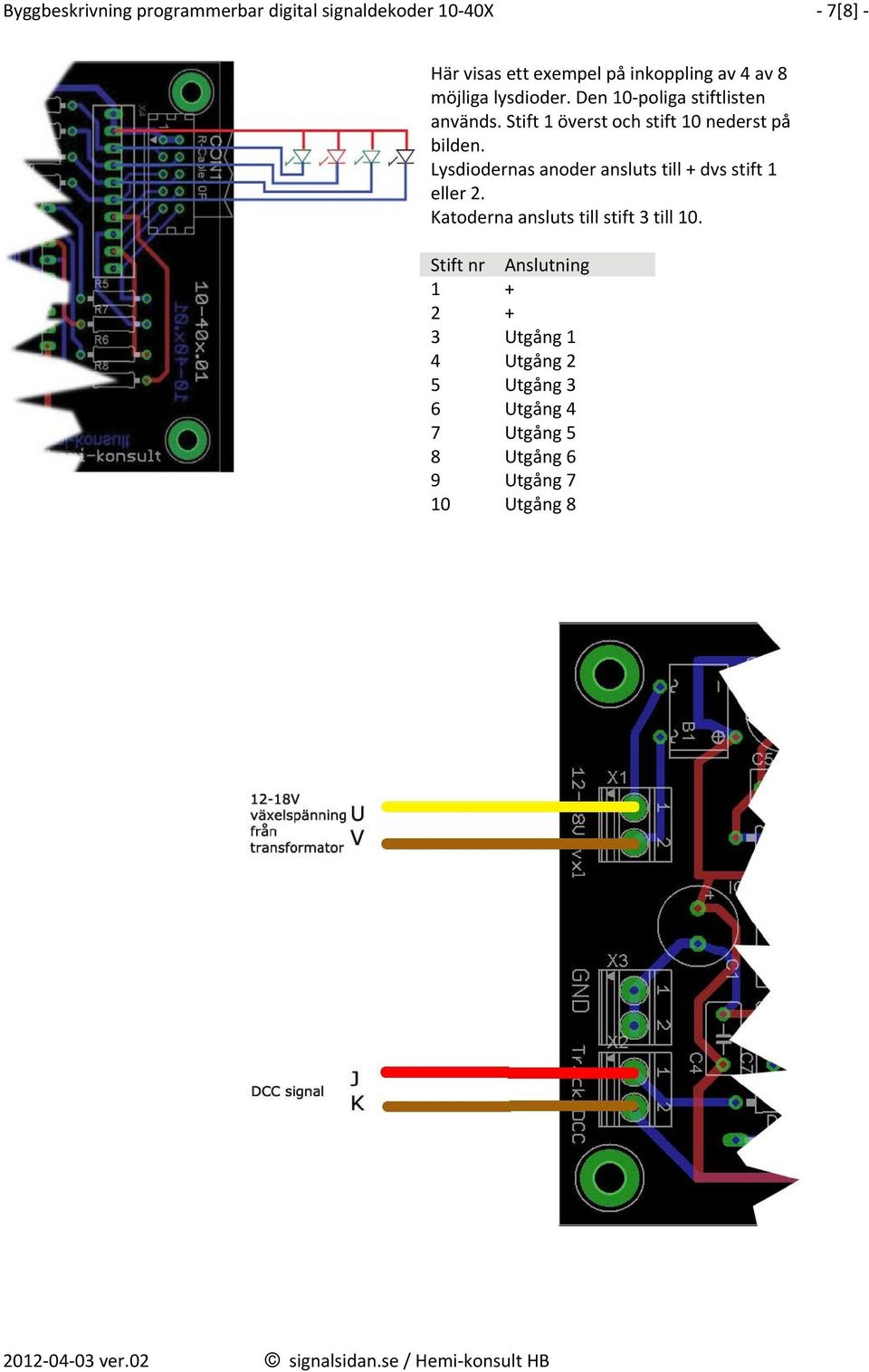 Lysdiodernas anoder ansluts till + dvs stift 1 eller 2. Katoderna ansluts till stift 3 till 10.