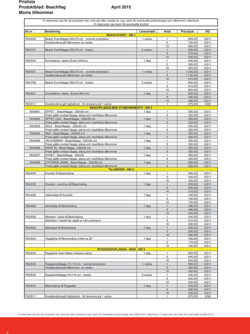 nr Benämning Leveranstid Antal Pris/styck RG 7604530 BEACH EVENT - SID 1 Beach Eventflagga 40x75 cm - svensk produktion 1 vecka 1 805,00 UG11 Snabborderavgift tillkommer, se nedan 5 730,00 UG11 10