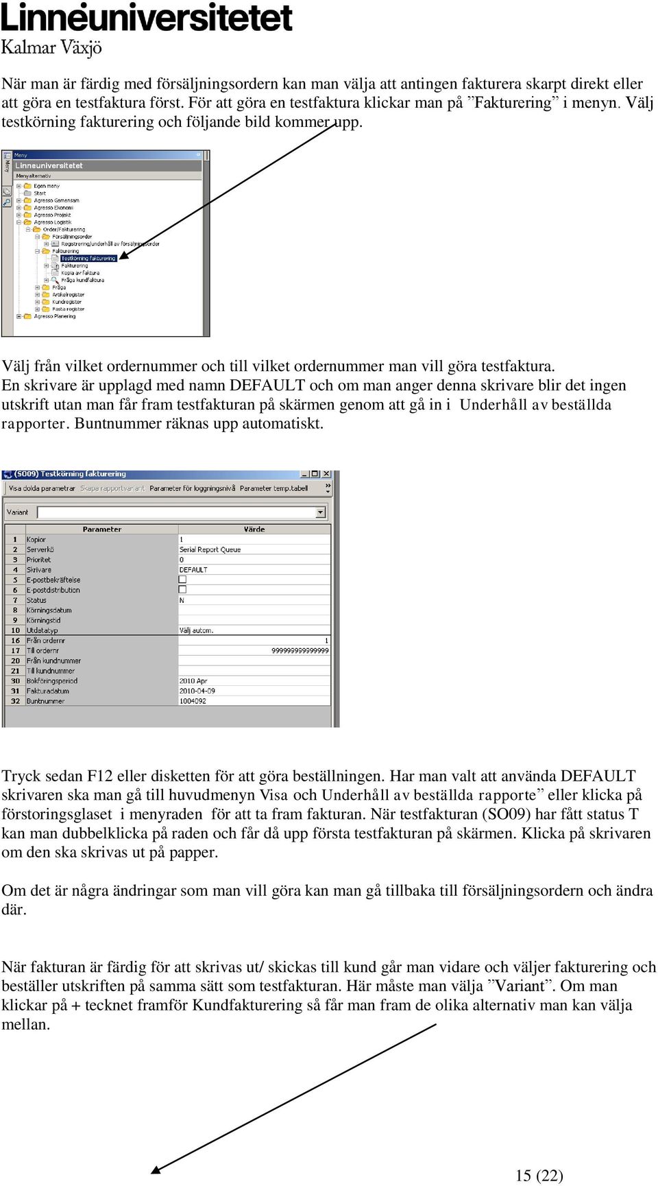 En skrivare är upplagd med namn DEFAULT och om man anger denna skrivare blir det ingen utskrift utan man får fram testfakturan på skärmen genom att gå in i Underhåll av beställda rapporter.