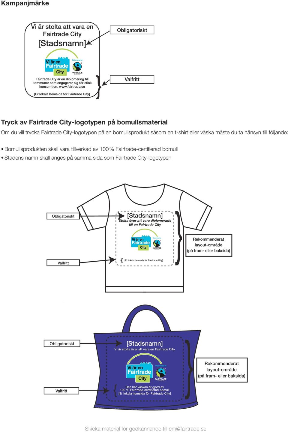 måste du ta hänsyn till följande: Bomullsprodukten skall vara tillverkad av 100 % Fairtrade-certifierad bomull Stadens namn skall anges på samma sida som Fairtrade City-logotypen Obligatoriskt