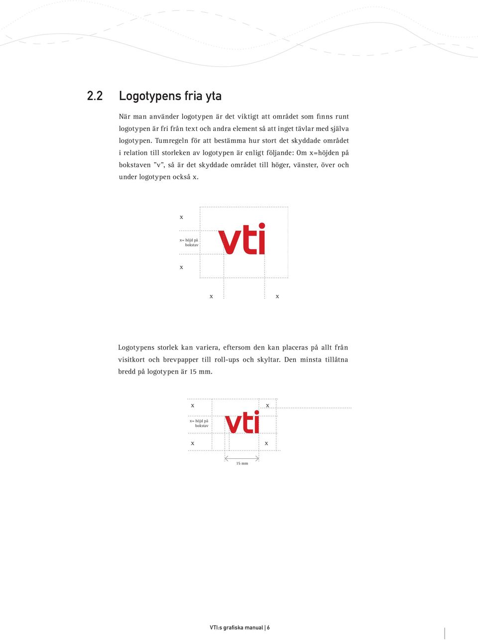 Tumregeln för att bestämma hur stort det skyddade området i relation till storleken av logotypen är enligt följande: Om x=höjden på bokstaven v, så är det skyddade