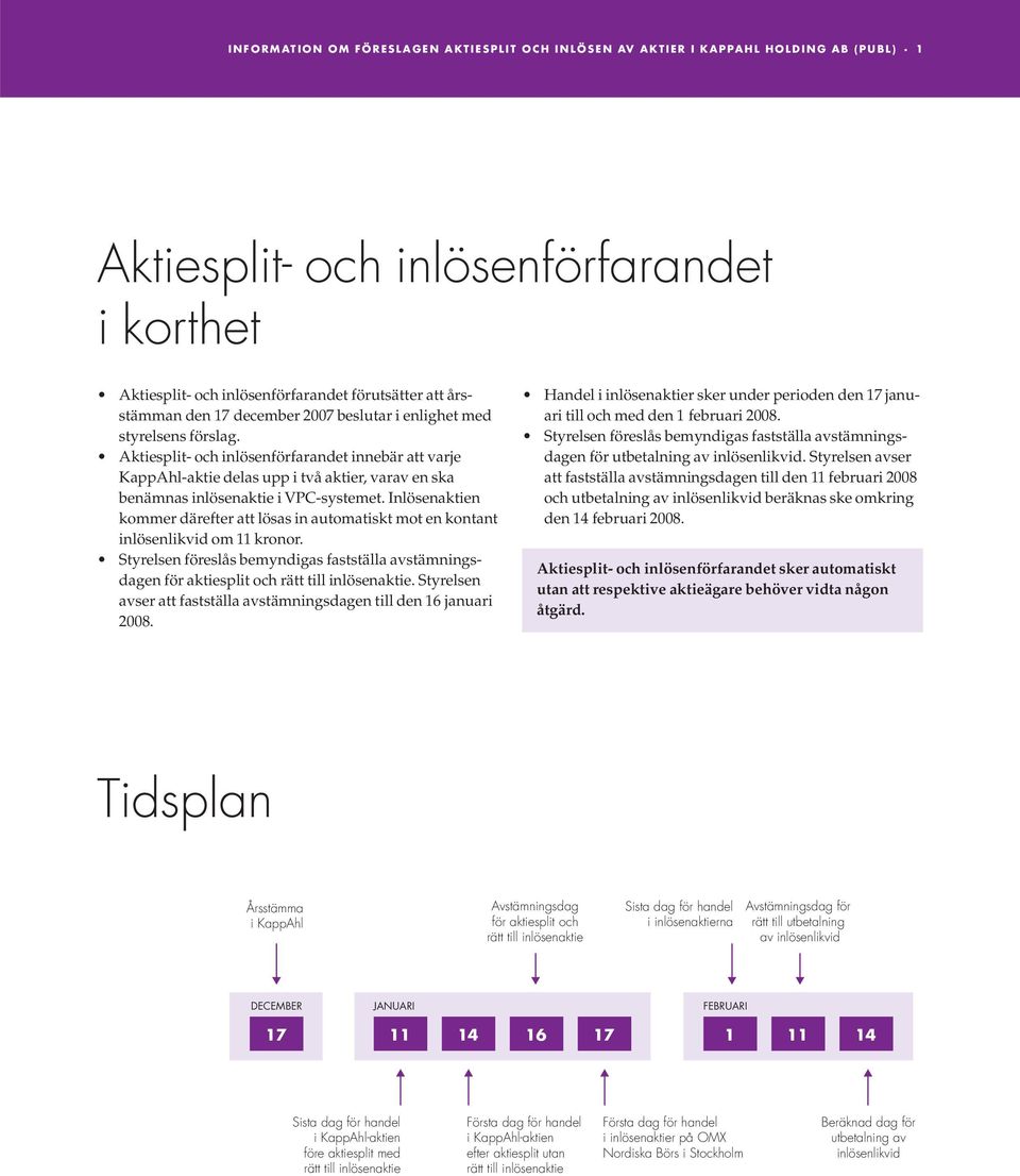 Aktiesplit- och inlösenförfarandet innebär att varje KappAhl-aktie delas upp i två aktier, varav en ska benämnas inlösenaktie i VPC-systemet.