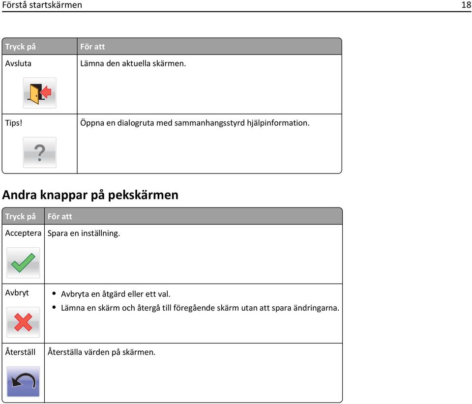 Andra knappar på pekskärmen Tryck på Acceptera För att Spara en inställning.