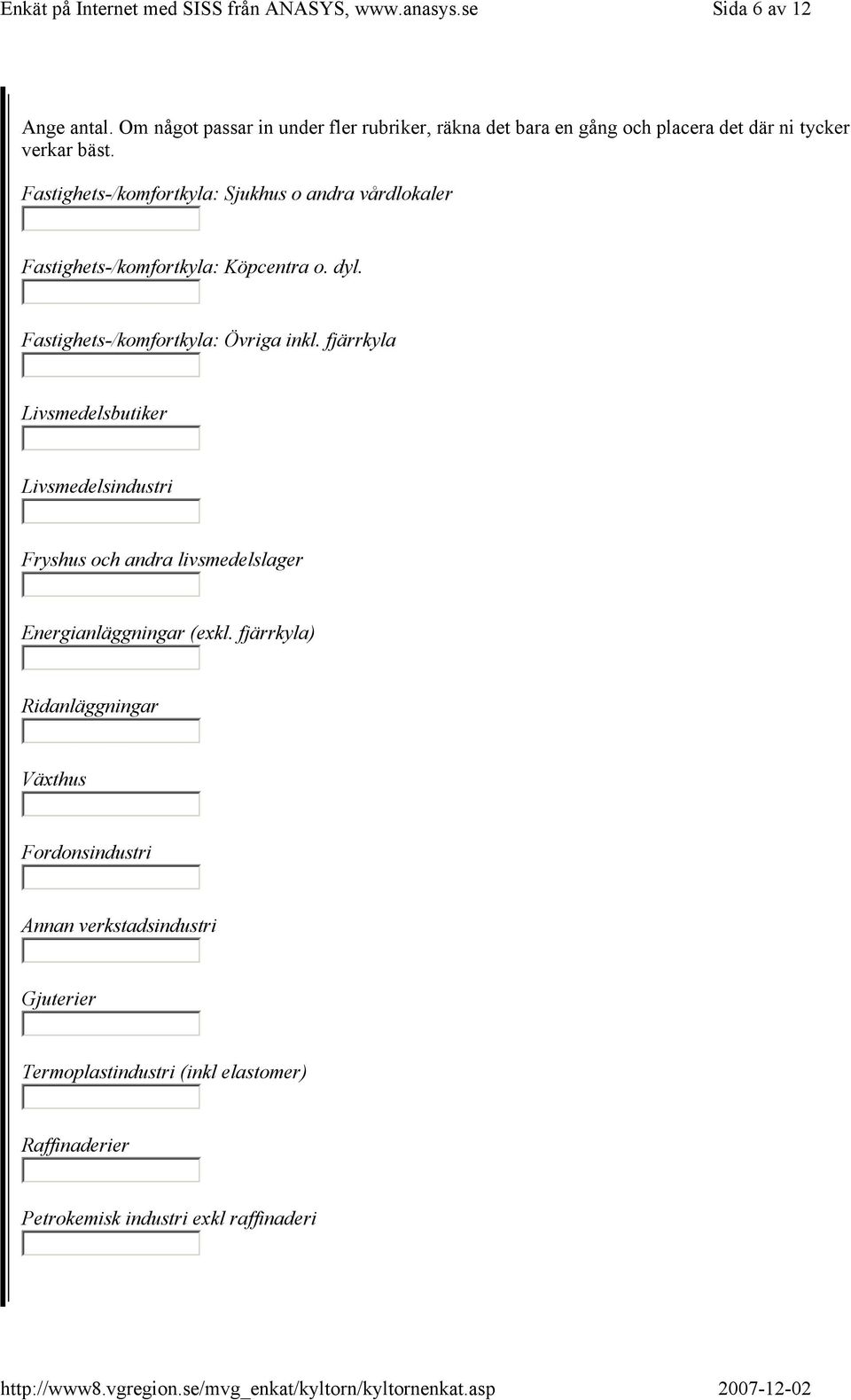 Fastighets-/komfortkyla: Sjukhus o andra vårdlokaler Fastighets-/komfortkyla: Köpcentra o. dyl. Fastighets-/komfortkyla: Övriga inkl.
