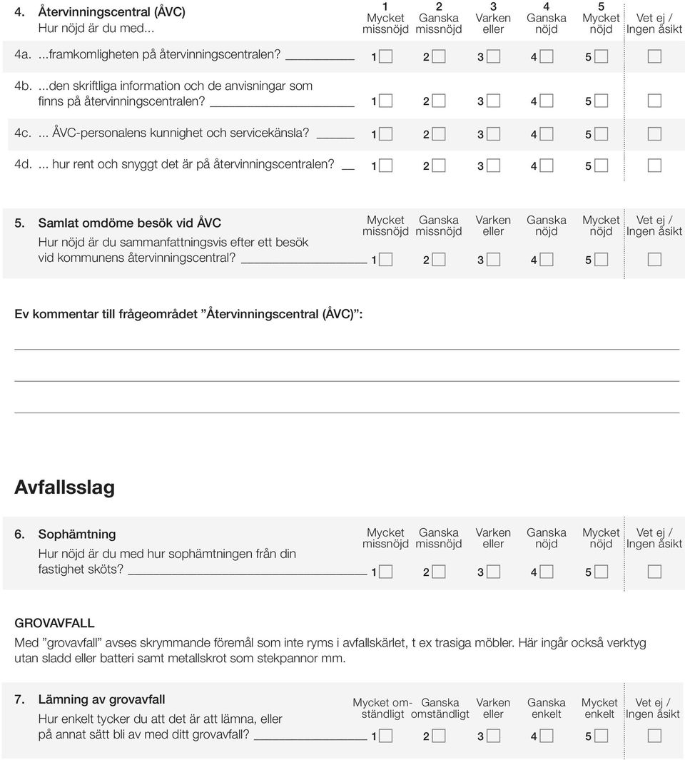 Samlat omdöme besök vid ÅVC Hur nöjd är du sammanfattningsvis efter ett besök vid kommunens återvinningscentral? 1 5 Ev kommentar till frågeområdet Återvinningscentral (ÅVC) :_ Avfallsslag 6.