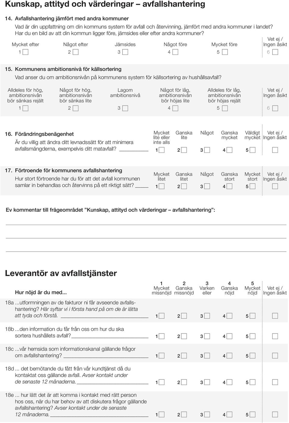 Har du en bild av att din kommun ligger före, jämsides eller efter andra kommuner? Vet ej / Mycket efter Något efter Jämsides Något före Mycket före Ingen åsikt 1 5 6 15.