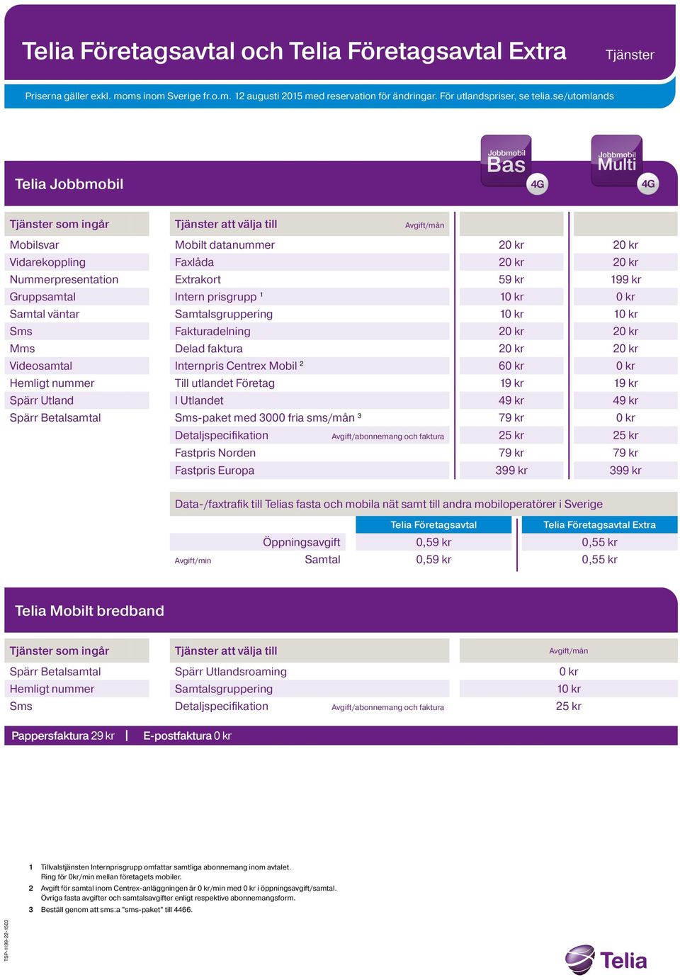 kr 20 kr Videosamtal Internpris Centrex Mobil 2 60 kr 0 kr Hemligt nummer Till utlandet Företag 19 kr 19 kr Spärr Utland I Utlandet 49 kr 49 kr Spärr Betalsamtal Sms-paket med 3000 fria sms/mån 3 79