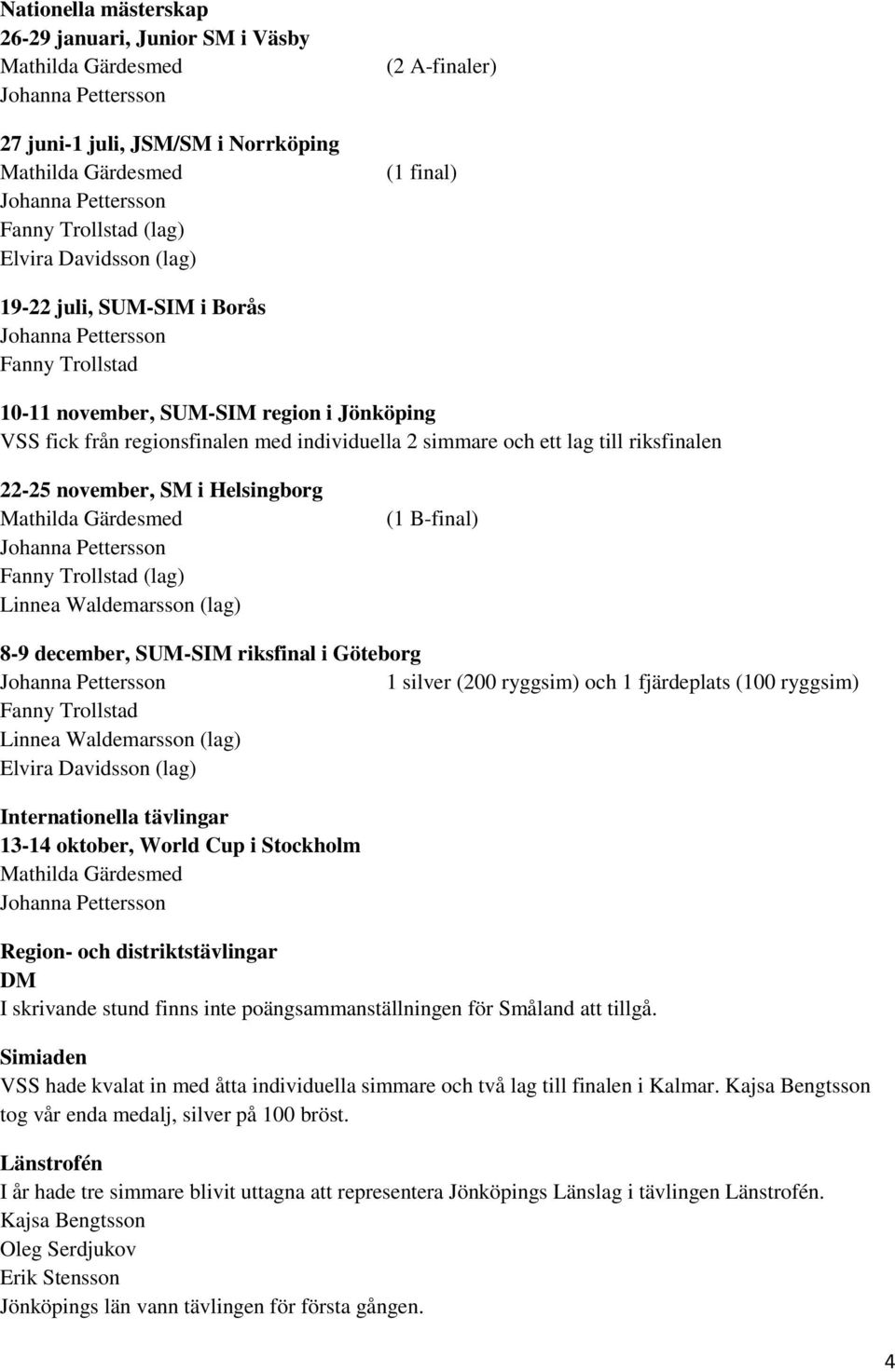 Helsingborg Mathilda Gärdesmed Fanny Trollstad (lag) Linnea Waldemarsson (lag) (1 B-final) 8-9 december, SUM-SIM riksfinal i Göteborg 1 silver (200 ryggsim) och 1 fjärdeplats (100 ryggsim) Fanny