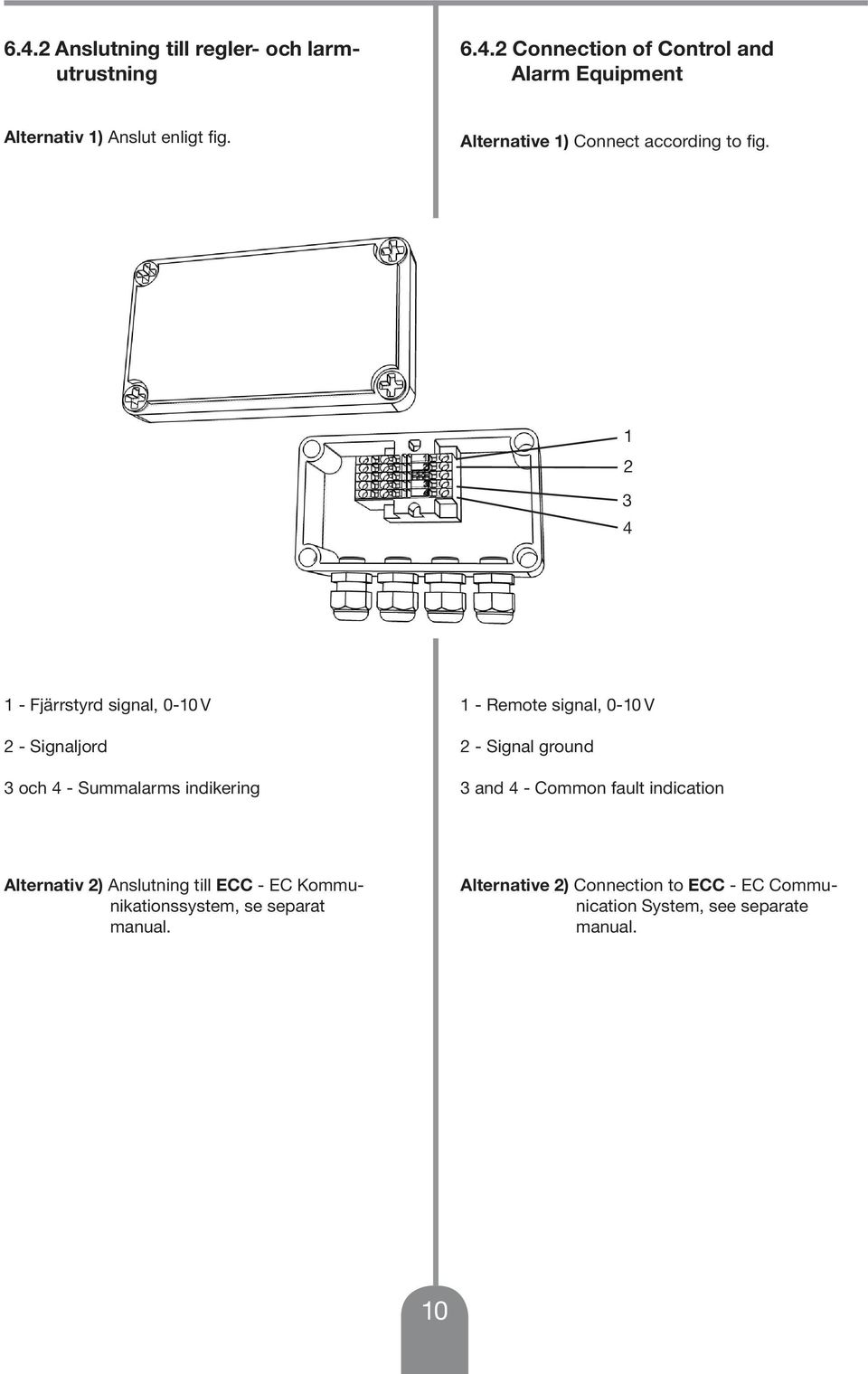1 4 1 - Fjärrstyrd signal, 0-10 V - Signaljord och 4 - Summalarms indikering 1 - Remote signal, 0-10 V - Signal ground