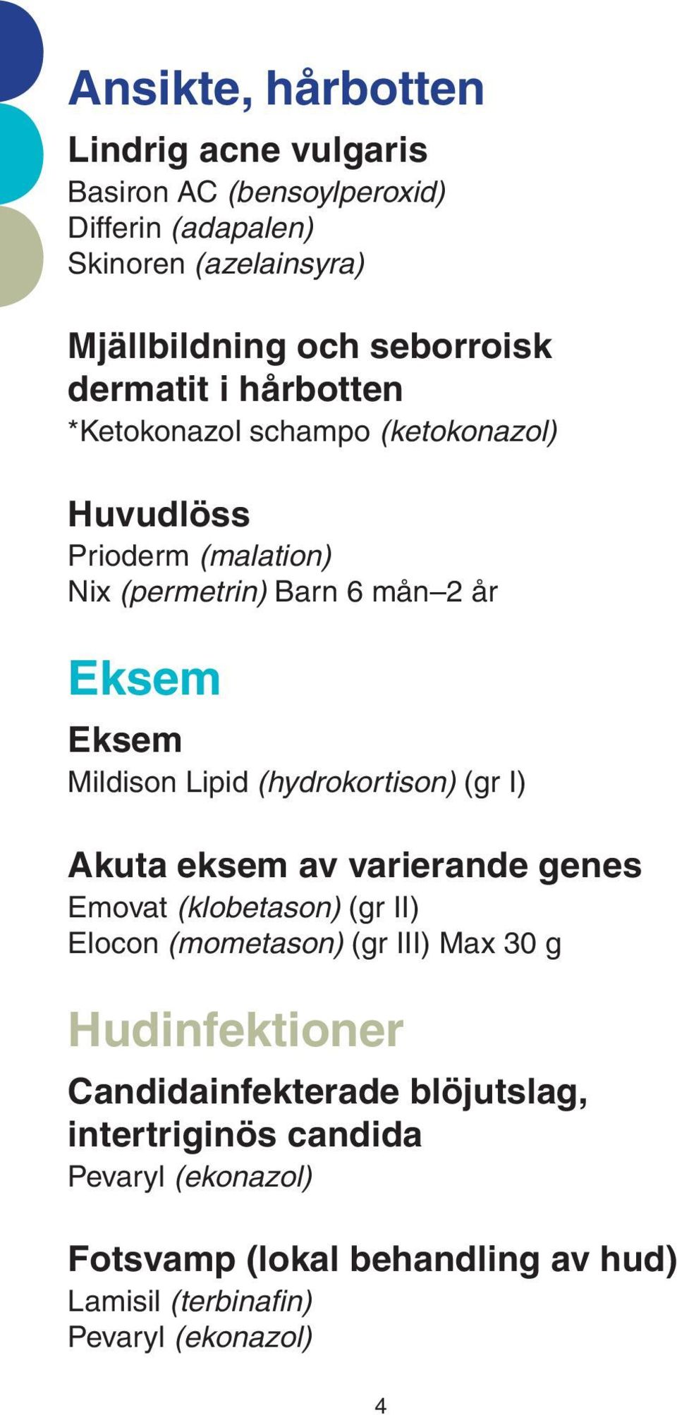Lipid (hydrokortison) (gr I) Akuta eksem av varierande genes Emovat (klobetason) (gr II) Elocon (mometason) (gr III) Max 30 g Hudinfektioner