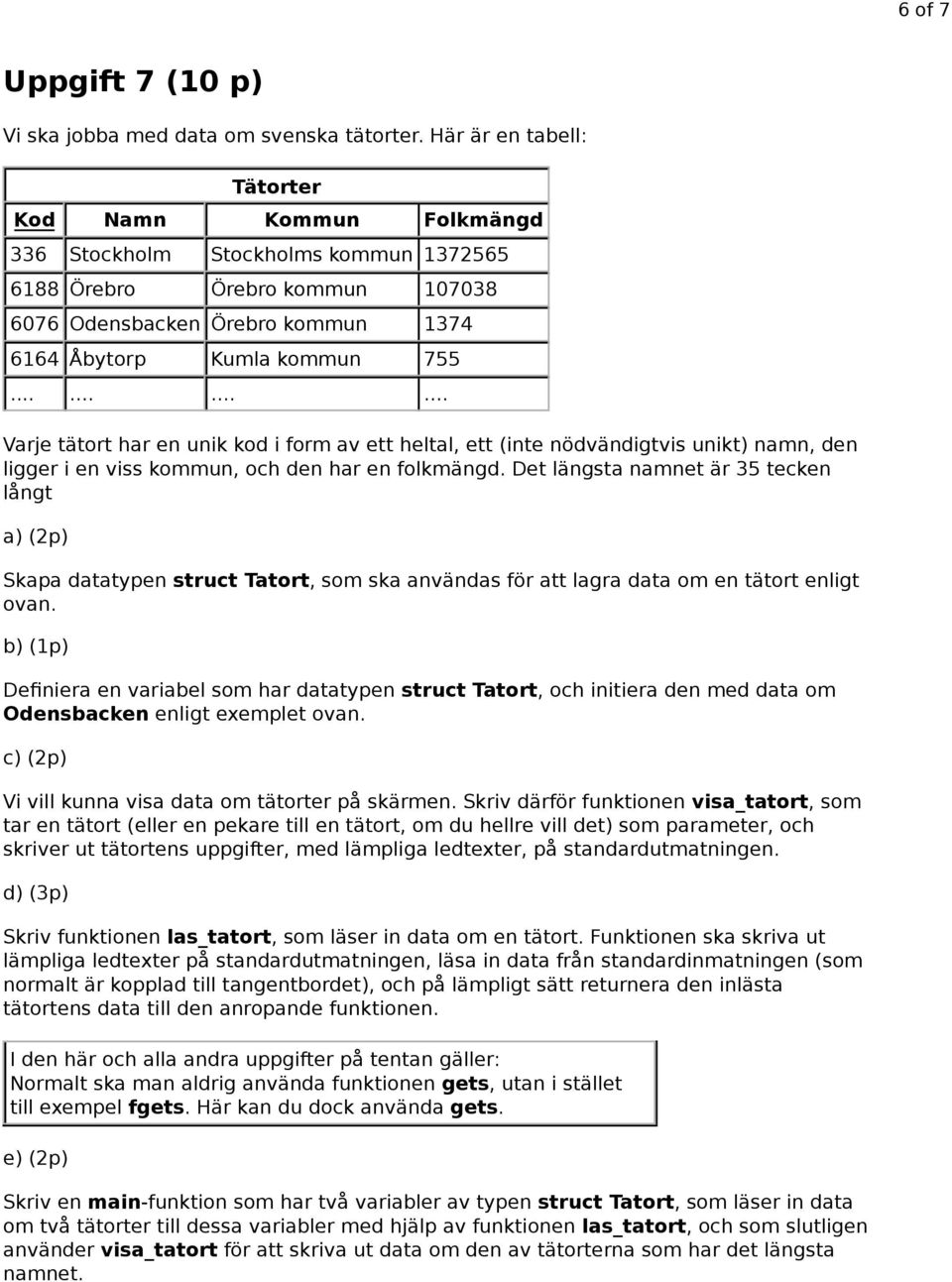 ........... Varje tätort har en unik kod i form av ett heltal, ett (inte nödvändigtvis unikt) namn, den ligger i en viss kommun, och den har en folkmängd.