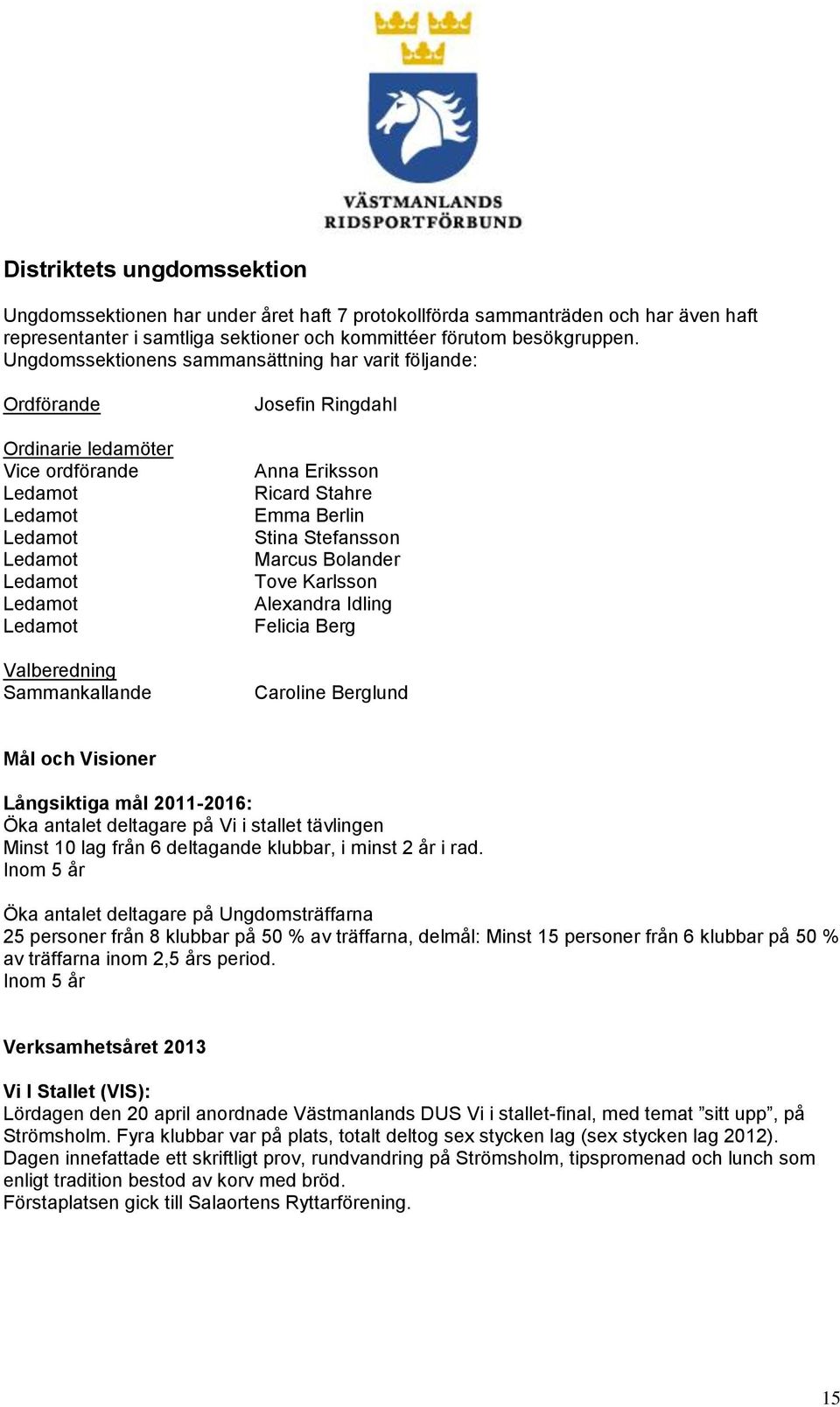 Ringdahl Anna Eriksson Ricard Stahre Emma Berlin Stina Stefansson Marcus Bolander Tove Karlsson Alexandra Idling Felicia Berg Caroline Berglund Mål och Visioner Långsiktiga mål 2011-2016: Öka antalet