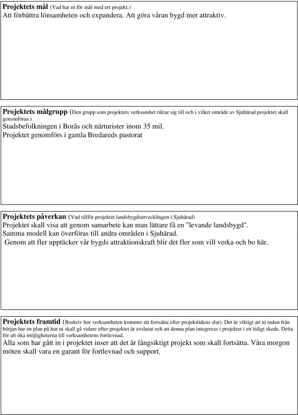 Projektet genomförs i gamla Bredareds paorat Projektets påverkan (Vad tillför projektet landsbygdsutvecklingen i Sjuhärad) Projektet skall visa att genom samarbete kan man lättare få en "levande