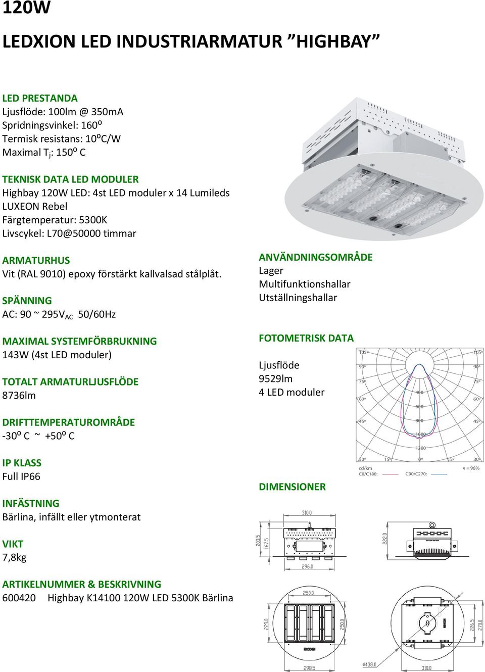 SPÄNNING AC: 90 ~ 295V AC 50/60Hz MAXIMAL SYSTEMFÖRBRUKNING 143W (4st LED moduler) TOTALT ARMATURLJUSFLÖDE 8736lm ANVÄNDNINGSOMRÅDE Lager Multifunktionshallar Utställningshallar FOTOMETRISK