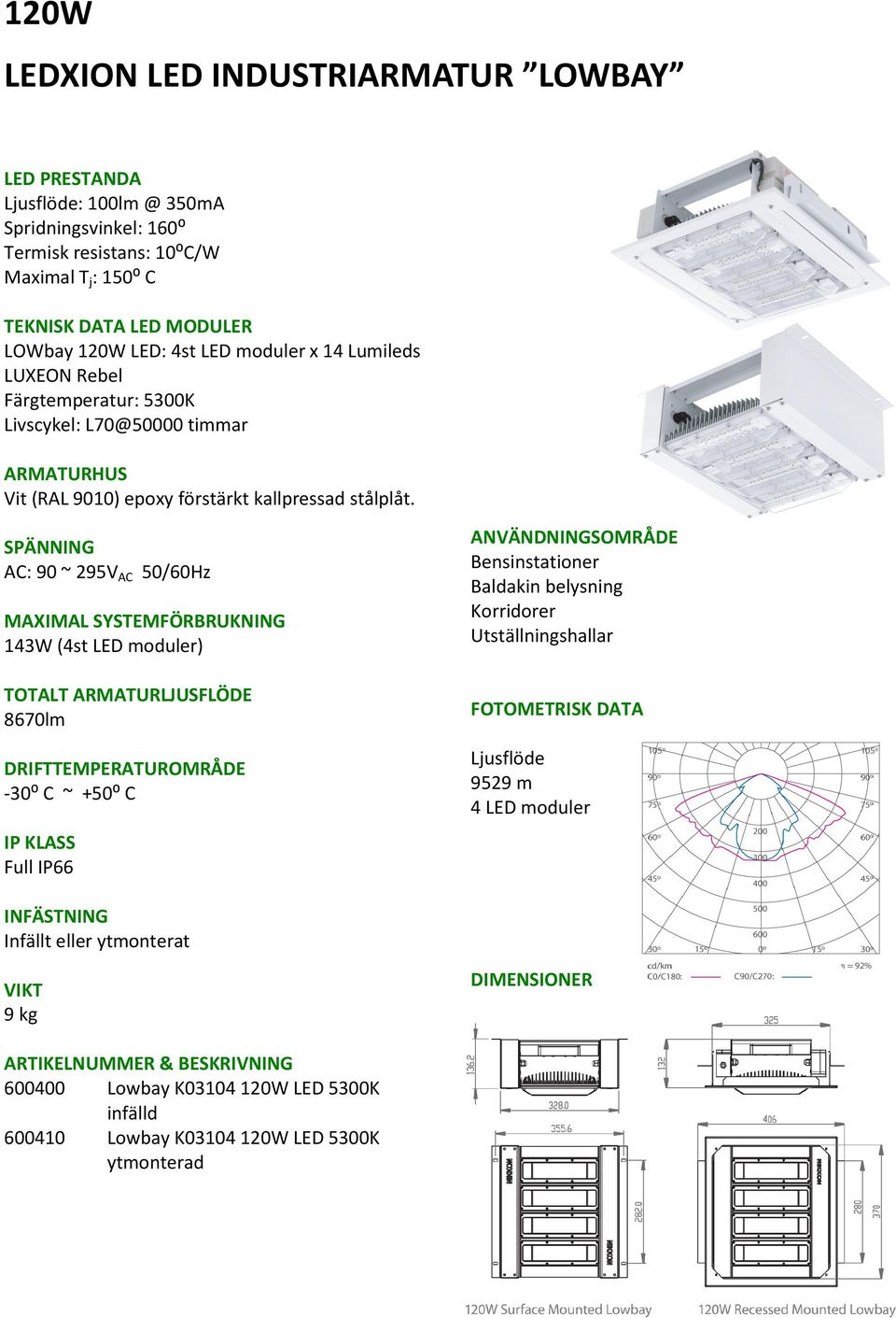 SPÄNNING AC: 90 ~ 295V AC 50/60Hz MAXIMAL SYSTEMFÖRBRUKNING 143W (4st LED moduler) TOTALT ARMATURLJUSFLÖDE 8670lm DRIFTTEMPERATUROMRÅDE -30⁰ C ~ +50⁰ C IP KLASS Full IP66 ANVÄNDNINGSOMRÅDE