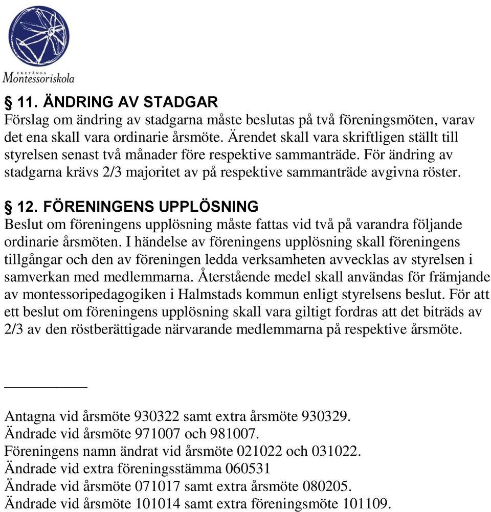 FÖRENINGENS UPPLÖSNING Beslut om föreningens upplösning måste fattas vid två på varandra följande ordinarie årsmöten.