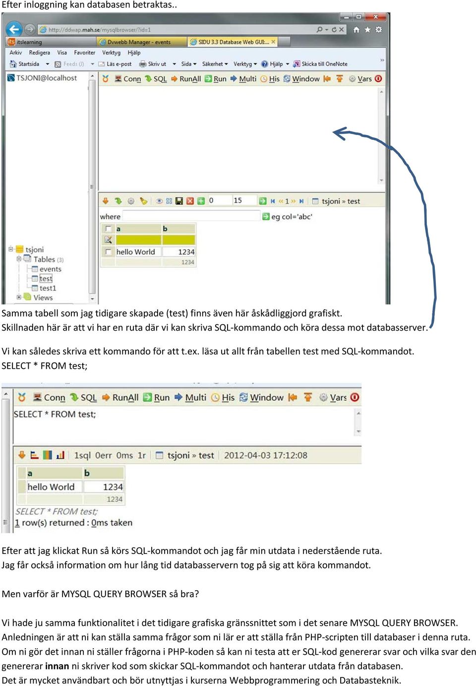 läsa ut allt från tabellen test med SQL kommandot. SELECT * FROM test; Efter att jag klickat Run så körs SQL kommandot och jag får min utdata i nederstående ruta.