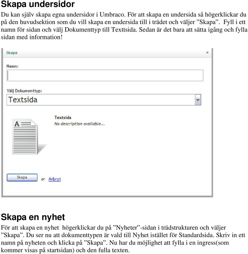 Fyll i ett namn för sidan och välj Dokumenttyp till Texttsida. Sedan är det bara att sätta igång och fylla sidan med information!