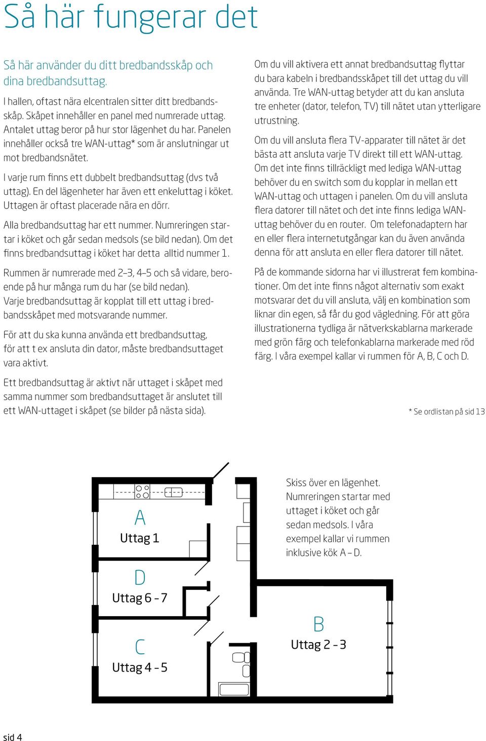 En del lägenheter har även ett enkeluttag i köket. Uttagen är oftast placerade nära en dörr. lla bredbandsuttag har ett nummer. Numreringen startar i köket och går sedan medsols (se bild nedan).