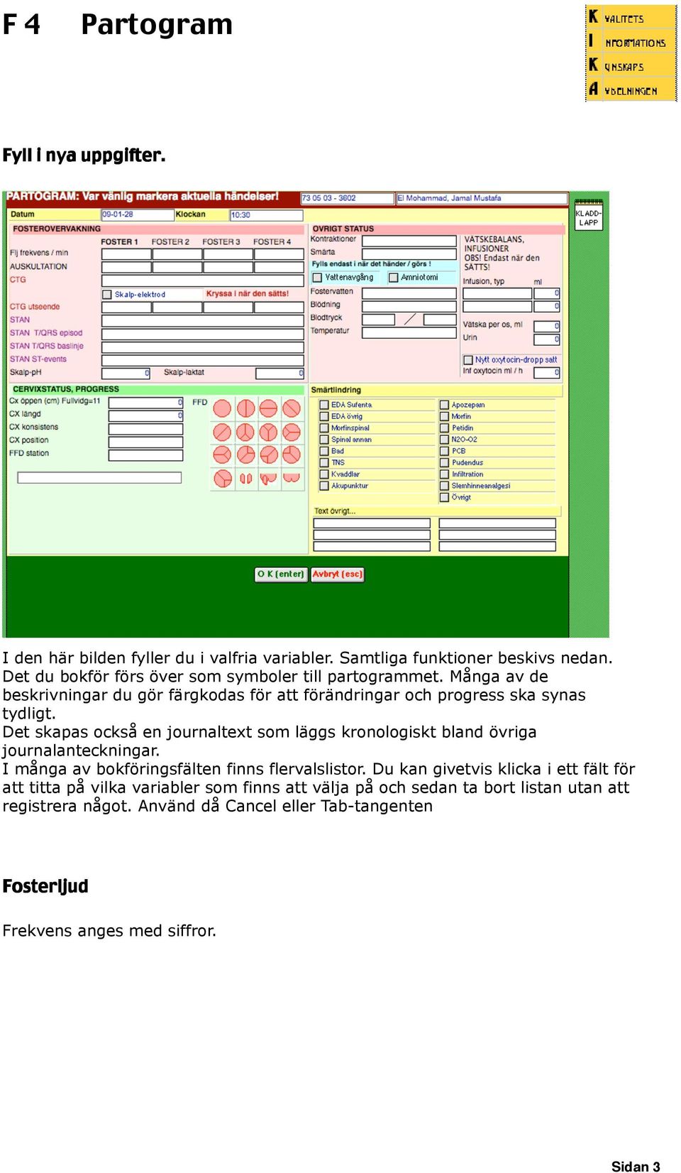 Det skapas också en journaltext som läggs kronologiskt bland övriga journalanteckningar. I många av bokföringsfälten finns flervalslistor.