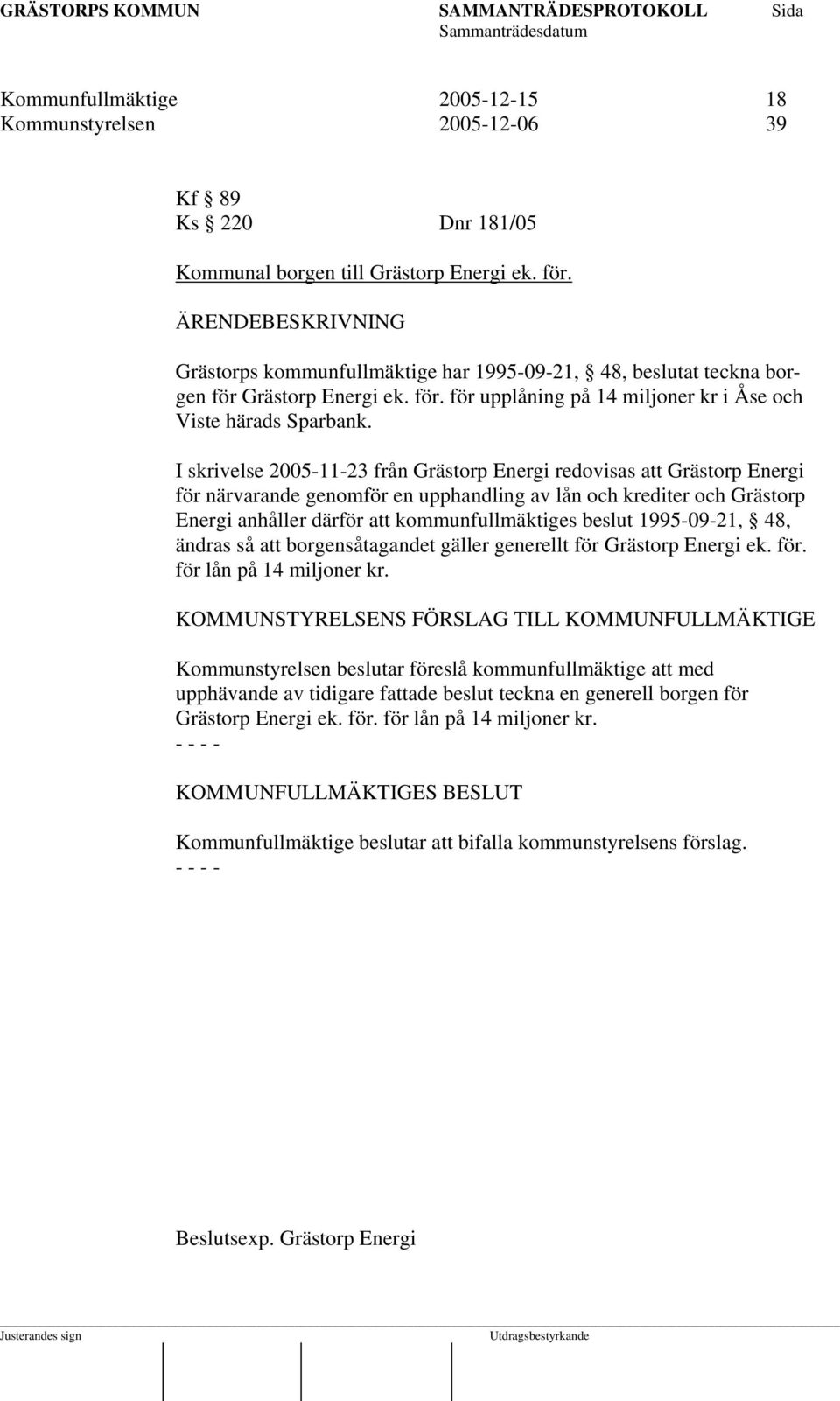 I skrivelse 2005-11-23 från Grästorp Energi redovisas att Grästorp Energi för närvarande genomför en upphandling av lån och krediter och Grästorp Energi anhåller därför att kommunfullmäktiges beslut
