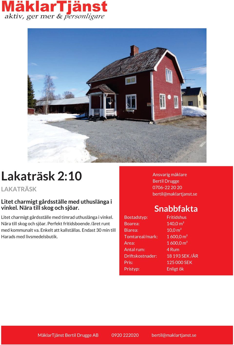 Endast 30 min till Harads med livsmedelsbutik. Ansvarig mäklare Bertil Drugge 0706-22 20 20 bertil@maklartjanst.