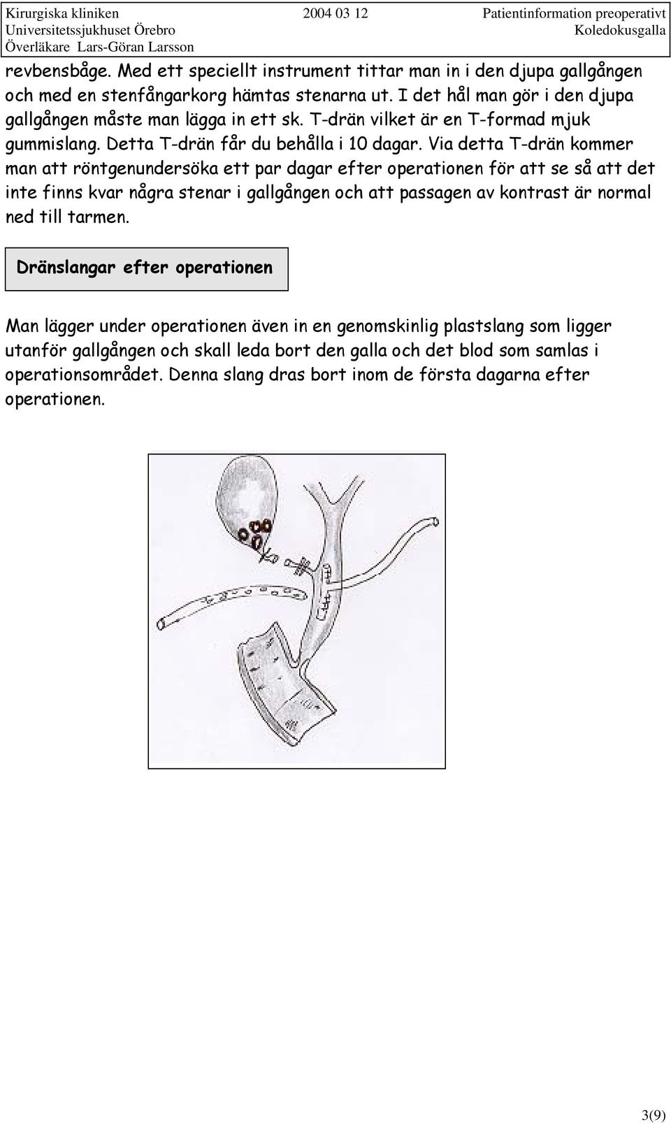 Via detta T-drän kommer man att röntgenundersöka ett par dagar efter operationen för att se så att det inte finns kvar några stenar i gallgången och att passagen av kontrast är normal