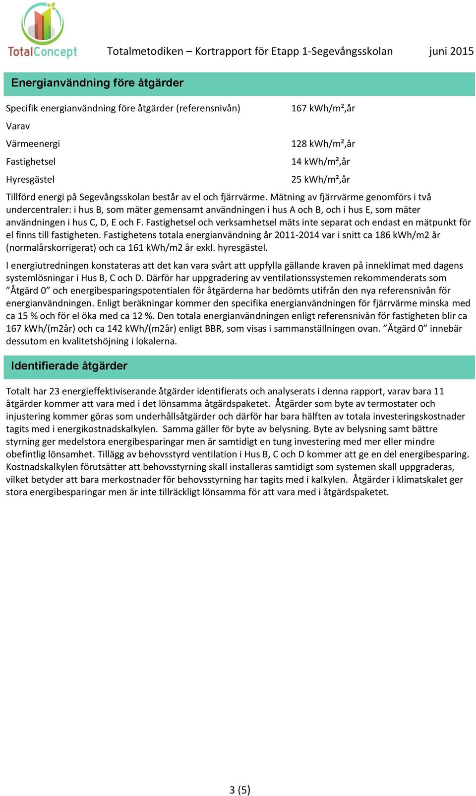 Mätning av fjärrvärme genomförs i två undercentraler: i hus B, som mäter gemensamt användningen i hus A och B, och i hus E, som mäter användningen i hus C, D, E och F.