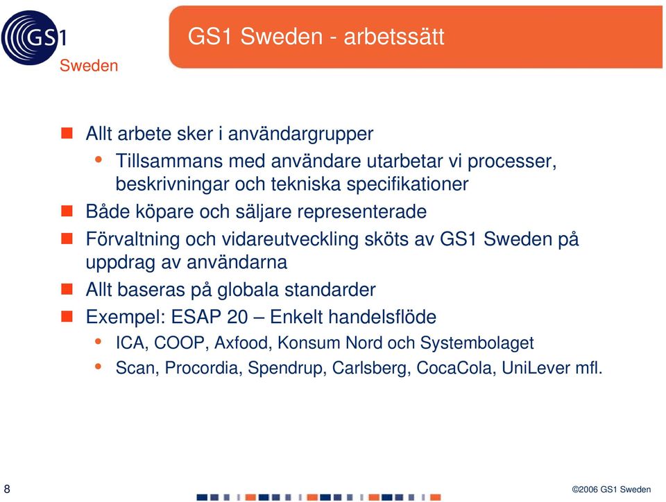 vidareutveckling sköts av GS1 Sweden på uppdrag av användarna Allt baseras på globala standarder Exempel: ESAP 20