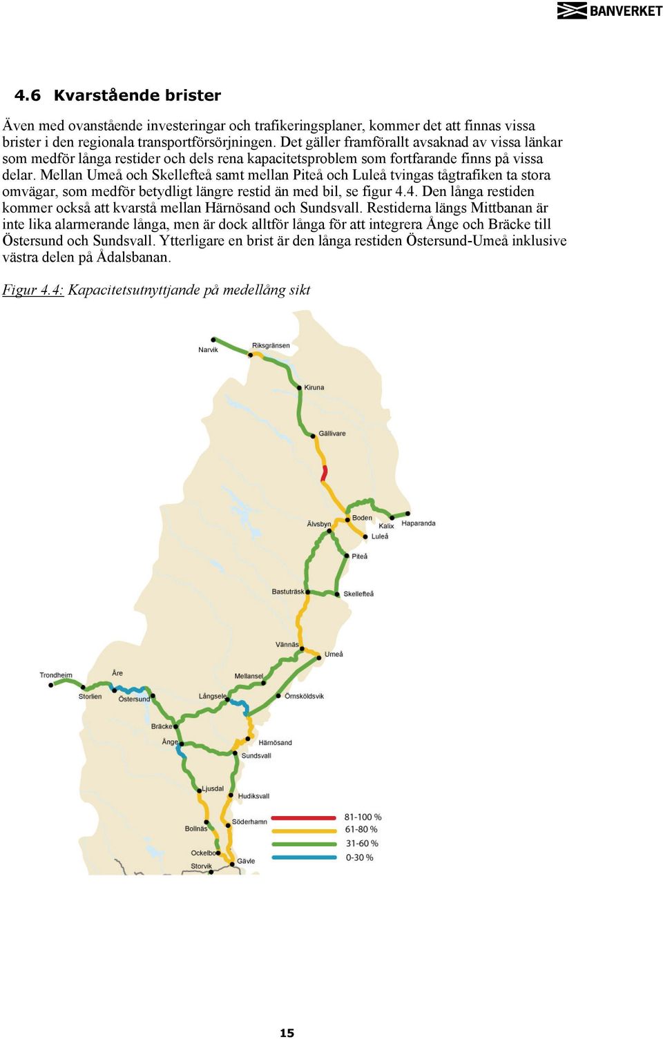 Mellan Umeå och Skellefteå samt mellan Piteå och Luleå tvingas tågtrafiken ta stora omvägar, som medför betydligt längre restid än med bil, se figur 4.