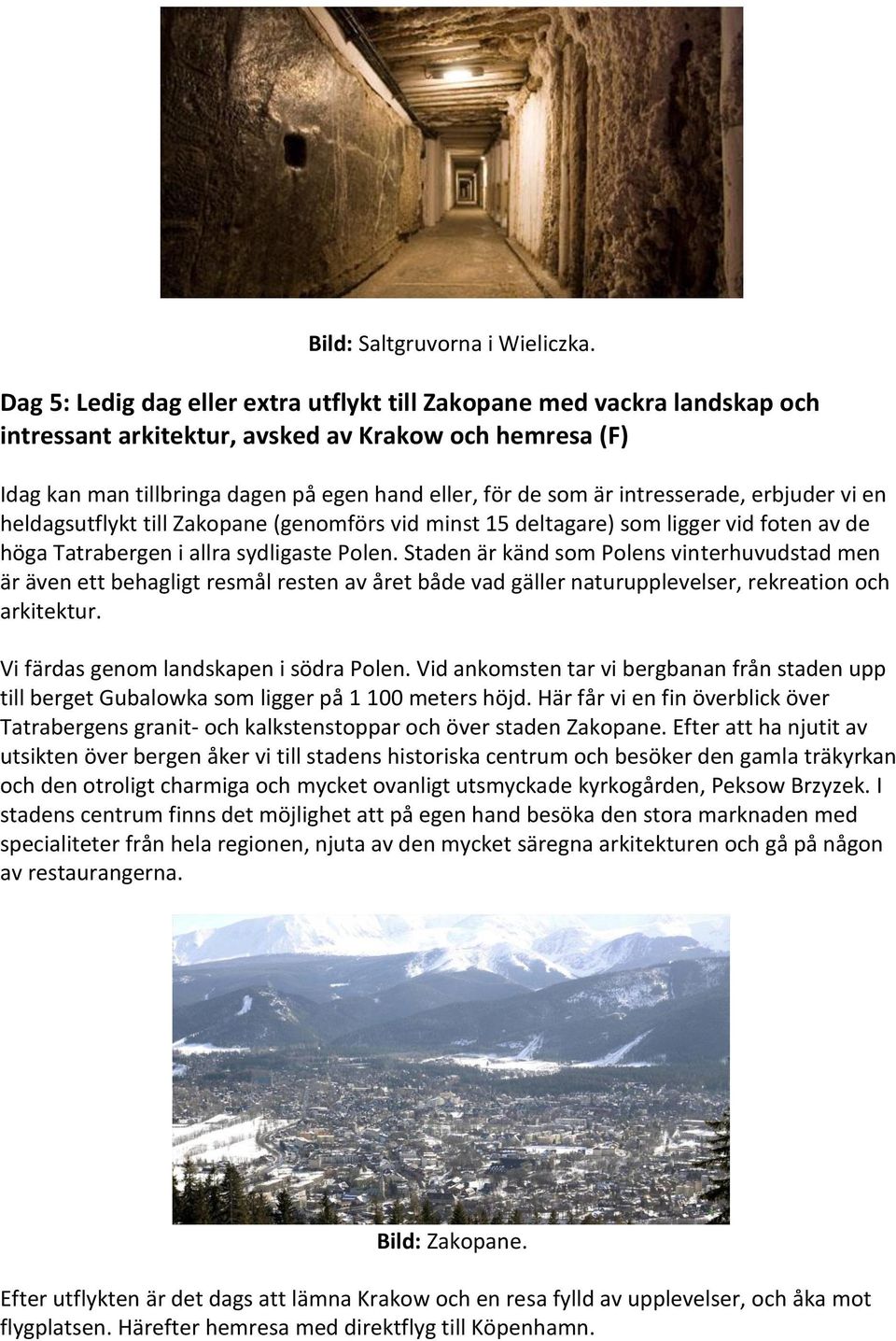 intresserade, erbjuder vi en heldagsutflykt till Zakopane (genomförs vid minst 15 deltagare) som ligger vid foten av de höga Tatrabergen i allra sydligaste Polen.