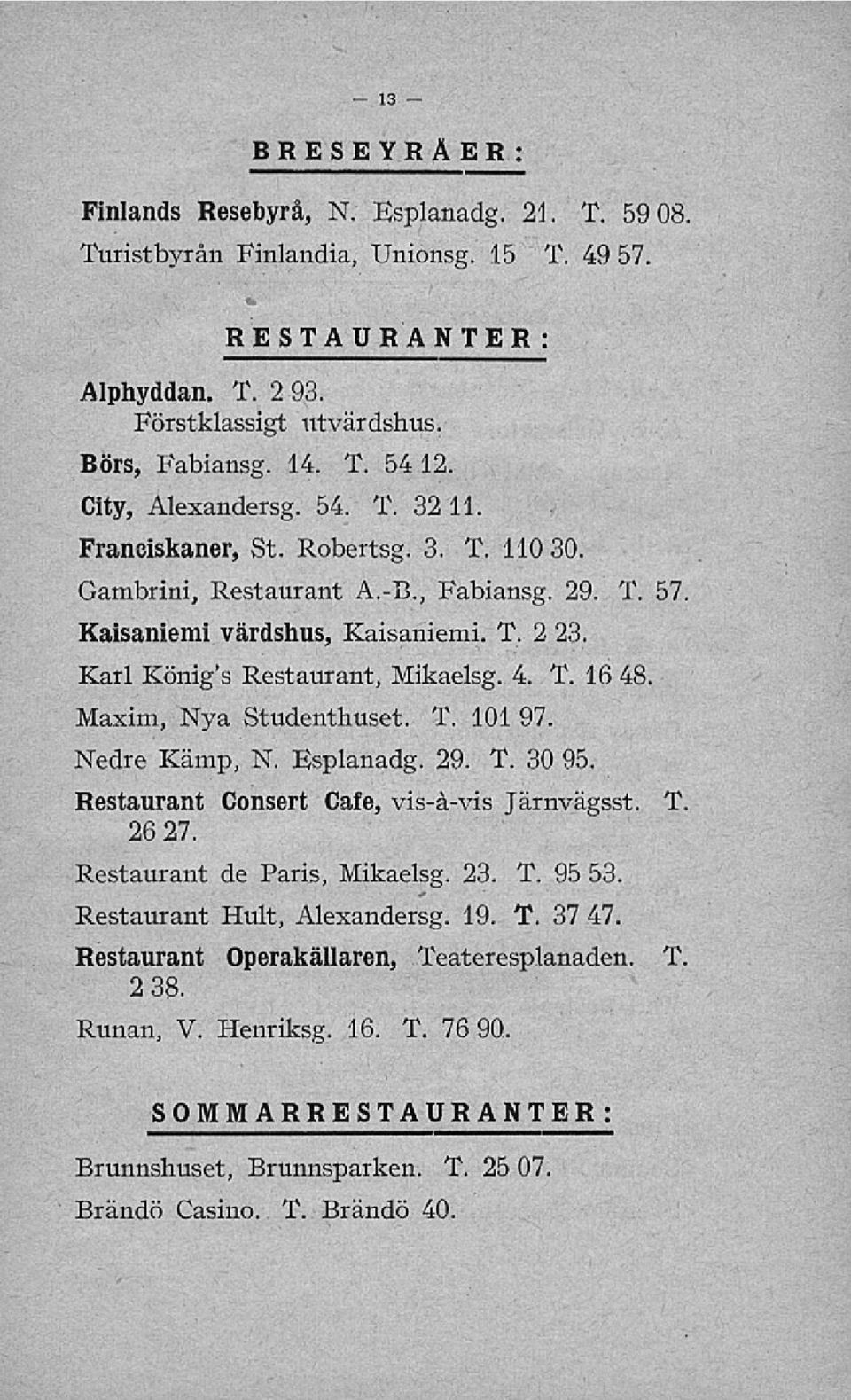 4. T. 16 48. Maxim, Nya Studenthuset. T. 101 97. Nedre Kämp, N. Esplanadg. 29. T. 30 95. Restaurant Consert Cafe, vis-å-vis Järnvägsst. T, 26 27. Restaurant de Paris, Mikaelsg. 23. T. 95 53.