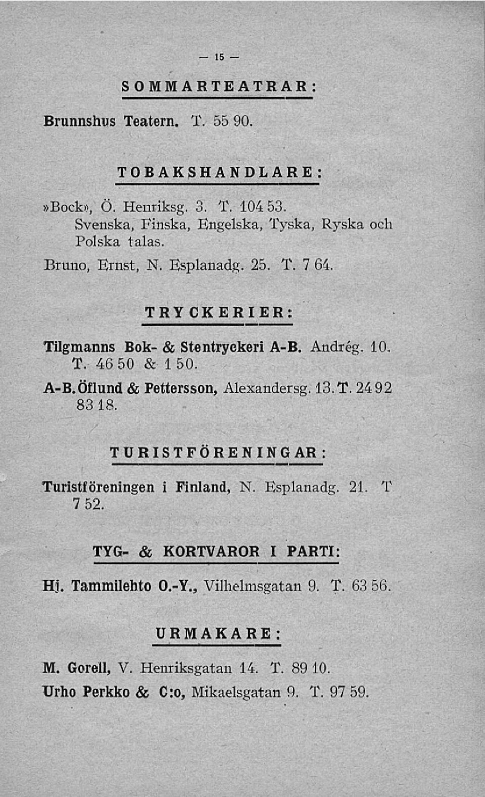 TRYCKERIER: Tilgmanns Bok- & Stentryckeri A-B. Andrég. 10. T. 46 50 & 1 50. A-B.Öflund & Pettersson, Alexandersg. 13.T. 2492 8318.