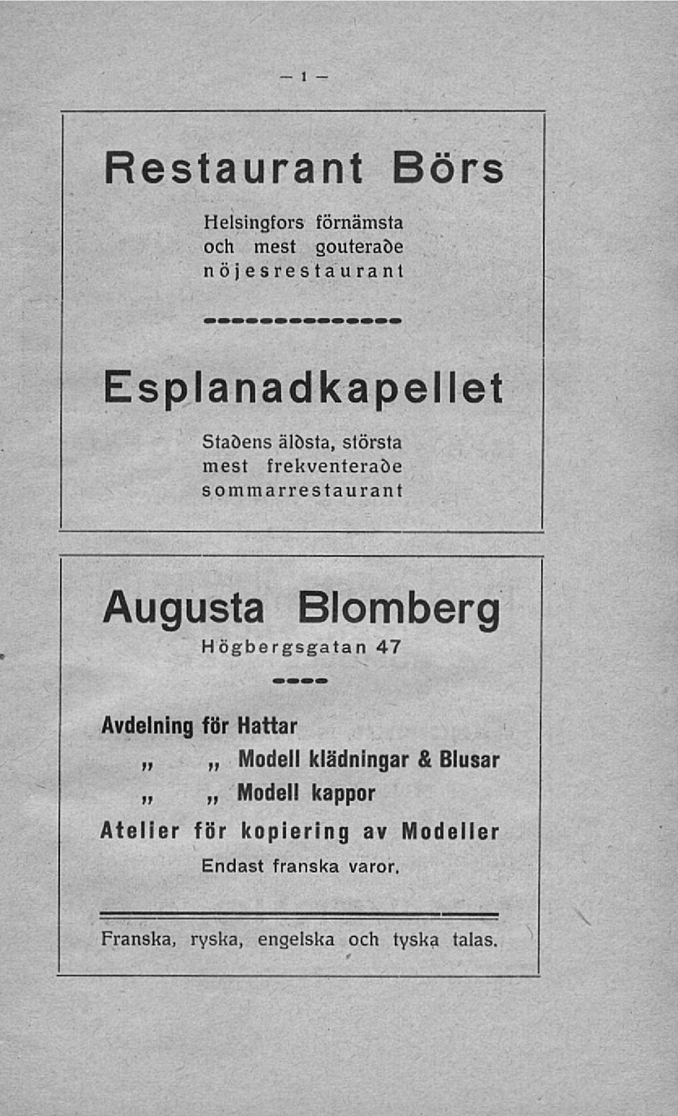 Blomberg Högbergsgatan 47 Avdelning fbr Hattar Modell klädningar & Blusar Modell