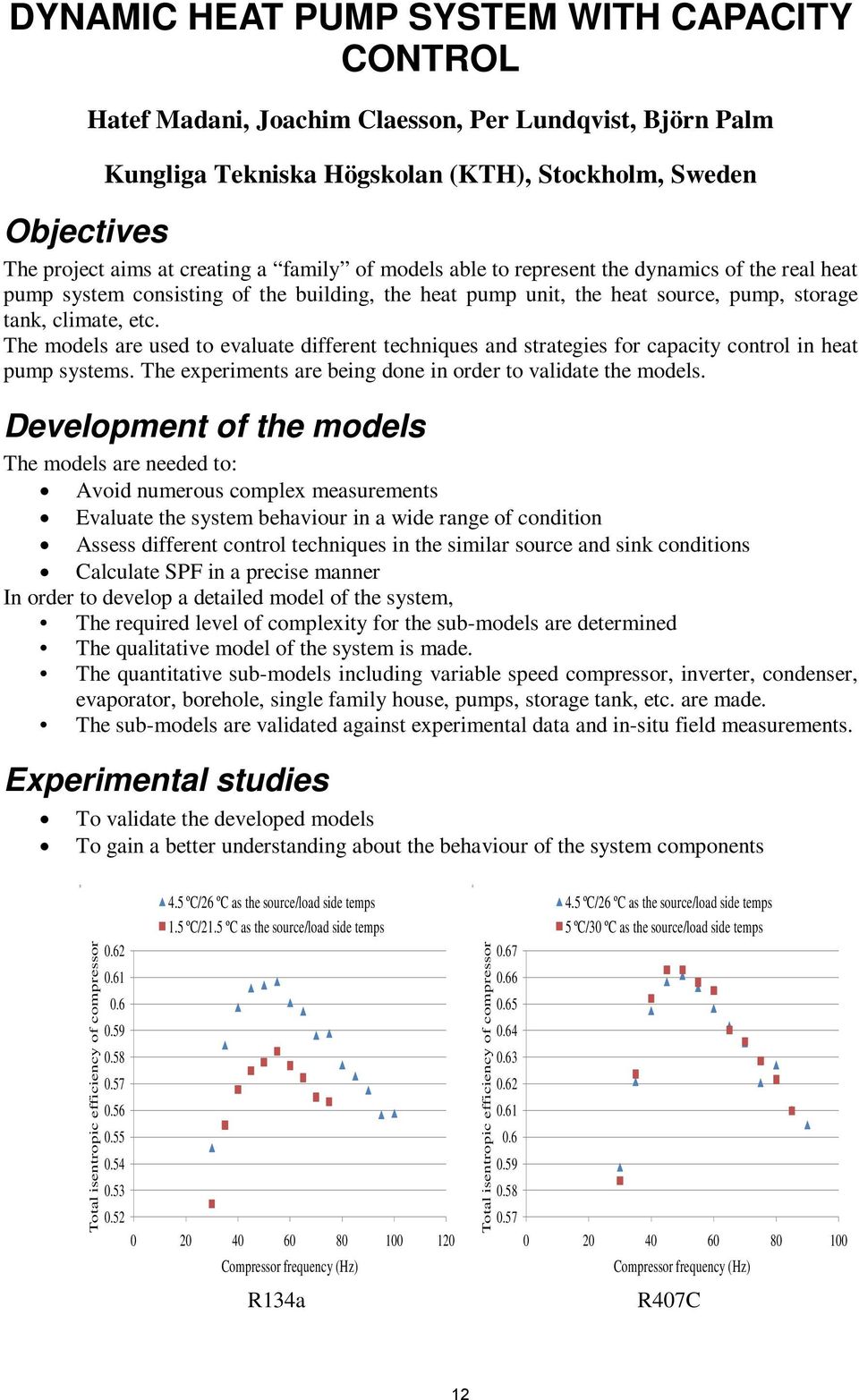 The models are used to evaluate different techniques and strategies for capacity control in heat pump systems. The experiments are being done in order to validate the models.