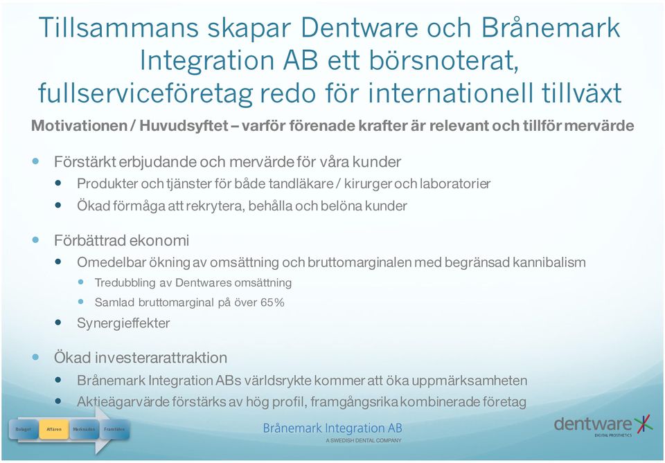 Förbättrad ekonomi Omedelbar ökning av omsättning och bruttomarginalen med begränsad kannibalism Tredubbling av Dentwares omsättning Samlad bruttomarginal på över 65% Synergieffekter Ökad