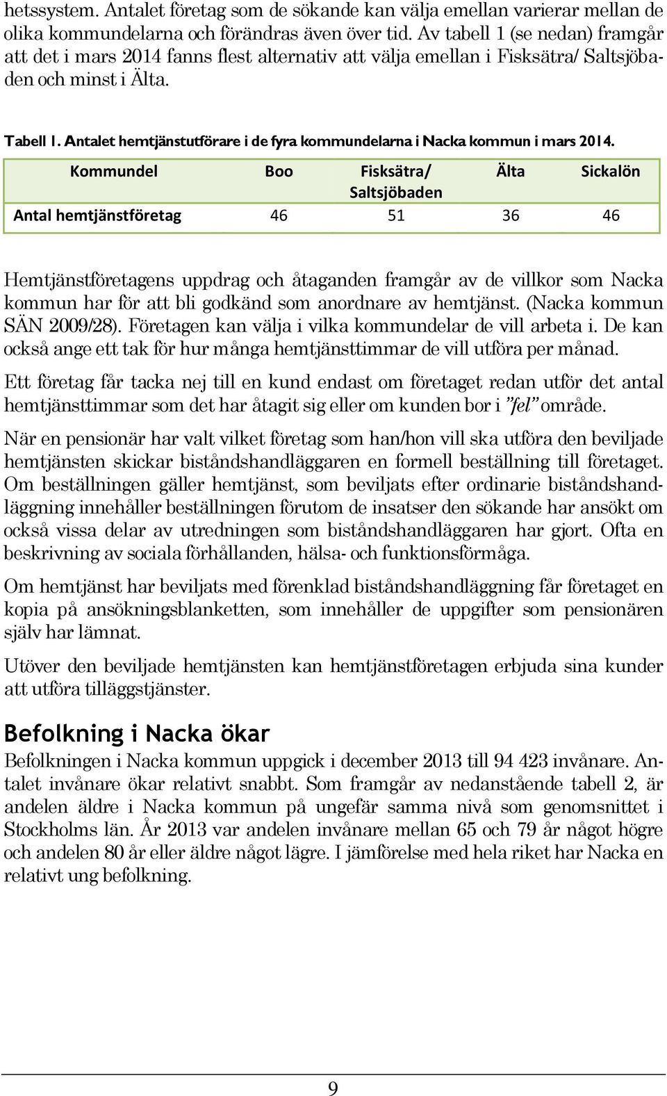 Antalet hemtjänstutförare i de fyra kommundelarna i Nacka kommun i mars 2014.