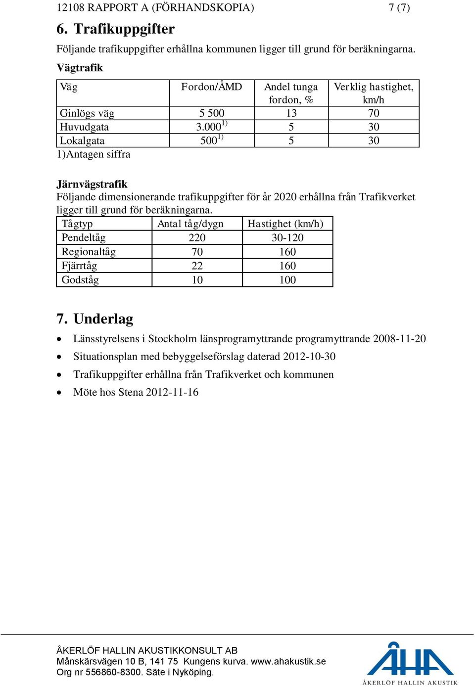 000 1) 5 30 Lokalgata 500 1) 5 30 1)Antagen siffra Järnvägstrafik Följande dimensionerande trafikuppgifter för år 2020 erhållna från Trafikverket ligger till grund för beräkningarna.