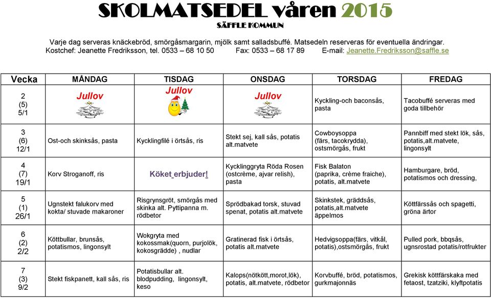 fraiche), potatis, Hamburgare, bröd, potatismos och dressing, 5 (1) 26/1 Ugnstekt falukorv med kokta/ stuvade makaroner Risgrynsgröt, smörgås med skinka alt. Pyttipanna m.